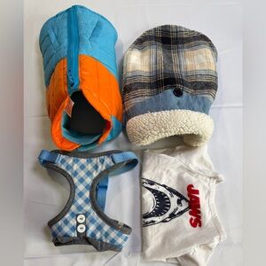 Pet Apparel Set with Shark, Plaid Vest, Blue Vest, and Checkered Harness- Small